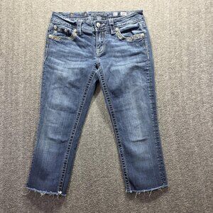 Miss Me Jeans Womens 27 Blue Mid Rise Easy Skinny Embellished Raw Hem *Cut off*